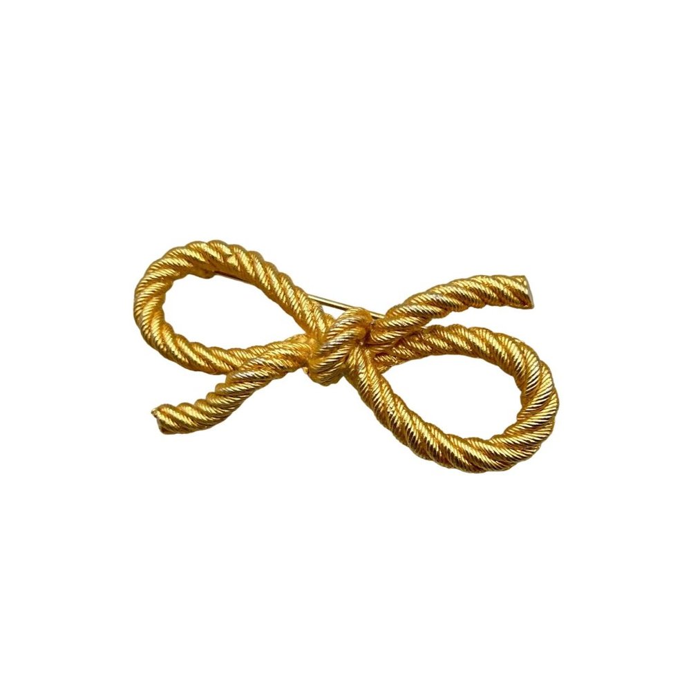 Vintage Gold Tone Bow Ribbon Pin Brooch Textured Gold Tone Twisted Rope Design